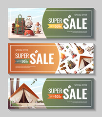 Wall Mural - set of promo sale flyers for summer camping, traveling, trip, hiking, camper, nature, journey, picni