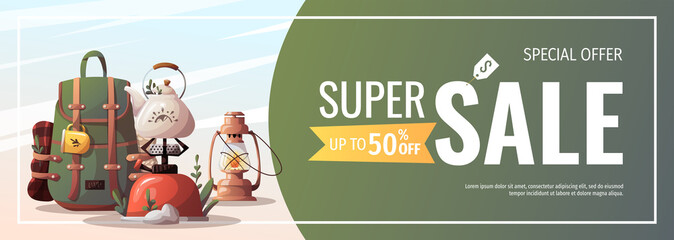Wall Mural - tourist backpack, gas-burner with kettle, kerosene lamp. camping, traveling, trip, hiking, camper, n
