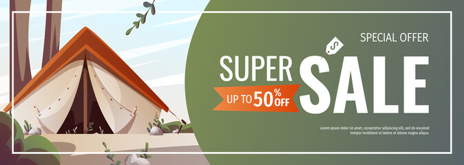 Wall Mural - promo sale banner with campsite. summer camping, traveling, trip, hiking, camper, nature, journey, p