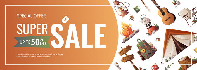 Wall Mural - promo sale flyer for summer camping, traveling, trip, hiking, camper, nature, journey, picnic. vecto