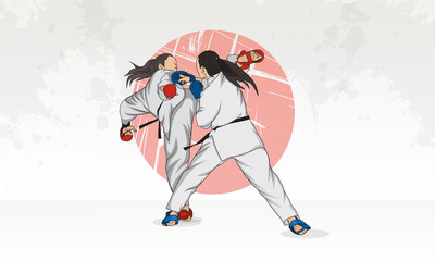  Training of two women in karate. The women are wearing protective gloves, each has a black belt in karate.