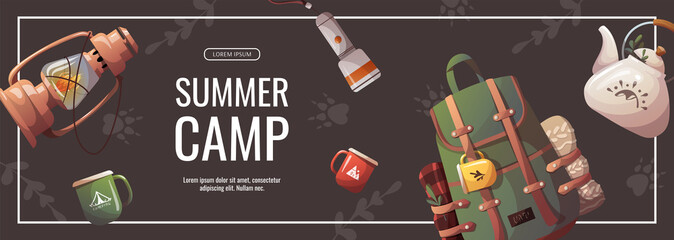Wall Mural - promo banner with tourist backpack, kettle, kerosene lamp, torch. camping, traveling, trip, hiking, 