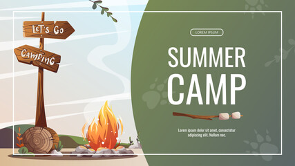 Wall Mural - promo flyer with campsite with campfire, log and guidepost. camping, traveling, trip, hiking, camper