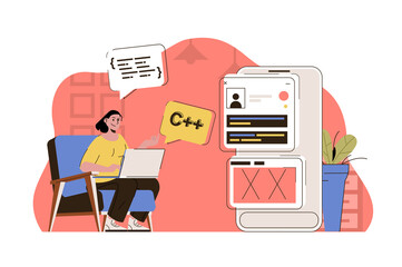 Aufkleber - Programming concept. Woman working, writing code, testing program at office situation. Software development people scene. Vector illustration with flat character design for website and mobile site