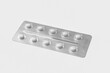 Closeup of pharmaceutical blister pack with ten pills isolated on white. Photorealistic 3d illustration