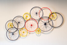 Decoration Bicycle Wheels. Beautiful Colorful Wall 