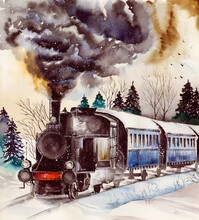 Watercolor Picture Of A Steam Engine On The Snowy Railroad With Picturesque Winter Background
