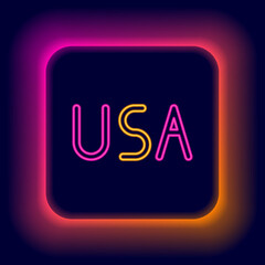 Sticker - Glowing neon line USA label icon isolated on black background. United States of America. Colorful outline concept. Vector