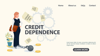 A girl with a briefcase in shackles stands in front of the inscription the concept of credit dependence in the world an illustration in a flat style for design