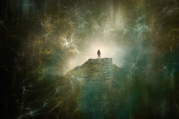 Wall Mural - A spiritual, fantasy concept of a man standing on top of a mountain. surrounded by galaxy's and stars.