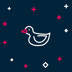 Poster - Line Rubber duck icon isolated on blue background. Colorful outline concept. Vector