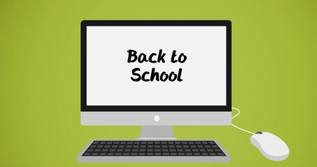 Wall Mural - Animation of back to school text on computer on green background