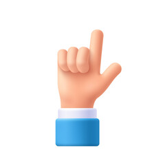 Cartoon character hand pointing gesture. Show one finger, index finger. Indicating, showing something above. 3d emoji vector illustration.