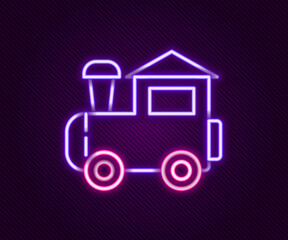 Wall Mural - Glowing neon line Toy train icon isolated on black background. Colorful outline concept. Vector