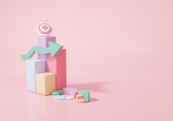 Minimal isometric data analytics growth statistics finance chart graph Optimization Stock market To invest business development concept. Embroidered arrow target planning. 3D render illustration