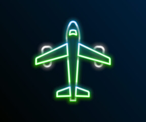 Poster - Glowing neon line Plane icon isolated on black background. Flying airplane icon. Airliner sign. Colorful outline concept. Vector