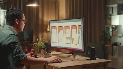 Asian Male Mobile Application Developer Paining His Back While Works With Graphics On His Personal Computer. He Works At Night
