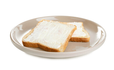 Delicious toasts with butter on white background