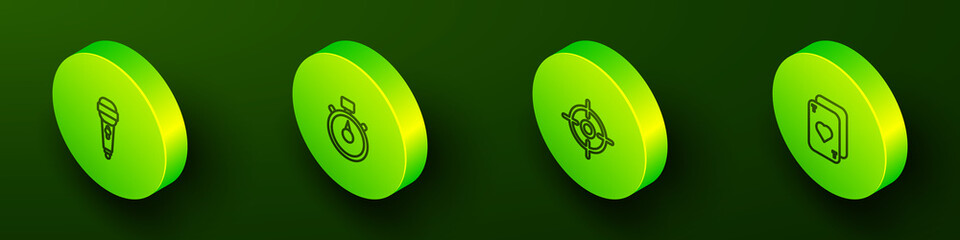 Sticker - Set Isometric line Microphone, Stopwatch, Target sport and Playing cards icon. Vector