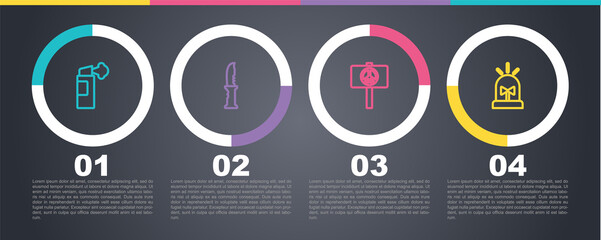 Wall Mural - Set line Pepper spray, Military knife, Peace and Flasher siren. Business infographic template. Vector