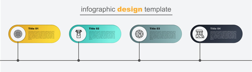 Sticker - Set line Parthenon, Ancient Greek coin, Medusa Gorgon and Old wooden wheel. Business infographic template. Vector