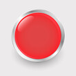 Round red button with lens flare effect and chrome border. Red and silver colors. Vector illustration.