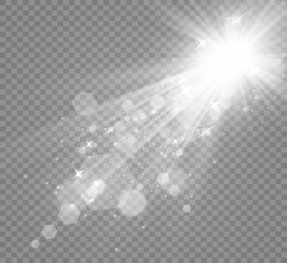 Special lens flash, light effect. The flash flashes rays and searchlight. illust.White glowing light. Beautiful star Light from the rays. The sun is backlit. Bright beautiful star. Sunlight. Glare.	