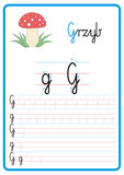 Plansza do nauki pisania liter alfabetu, litera g