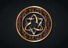The Grand Seal Of Gold Triquetra With Silver Triangle And Bronze Circle Logo, Metallic Frame Trinity Knot, Pagan Celtic Symbol Triple Goddess. Wicca Sign, Book Of Shadows, Vector Isolated On Black