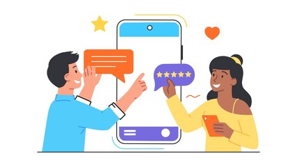 Wall Mural - Popular application concept. People use the best program on their phone. Woman leaves a review, puts a rating and smiles. Cartoon doodle flat vector illustration isolated on a white background