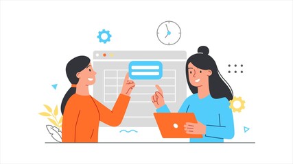 Wall Mural - screen interface concept. two women are developing the program interface. effective teamwork. comput