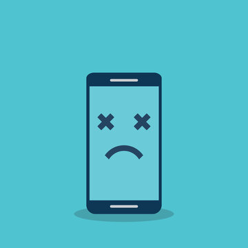 Broken smartphone with sad smile. Broken phone service, recovery and repair concept, symbol top view copyspace.