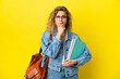 Young student caucasian woman isolated on yellow background having doubts and thinking