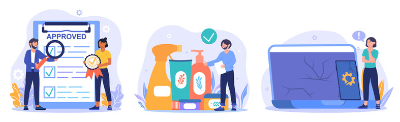 Product manufacturing abstract concept. Product quality and safety control, defective product testing, customer feedback. People check their purchases. Cartoon flat vector set on a white background