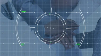 Poster - Animation of scope scanning and data processing over businessmen stacking hands