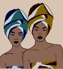 Wall Mural - Two African American Women, dark skin female face. National African costumes, accessories, dresses, flat lay cartoon style illustration pastel background. 