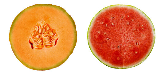 a half cantaloupe melon and a half watermelon isolated oon white.