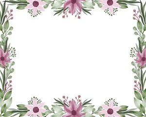 Wall Mural - rectangle frame with purple flower and green leaf border in white background