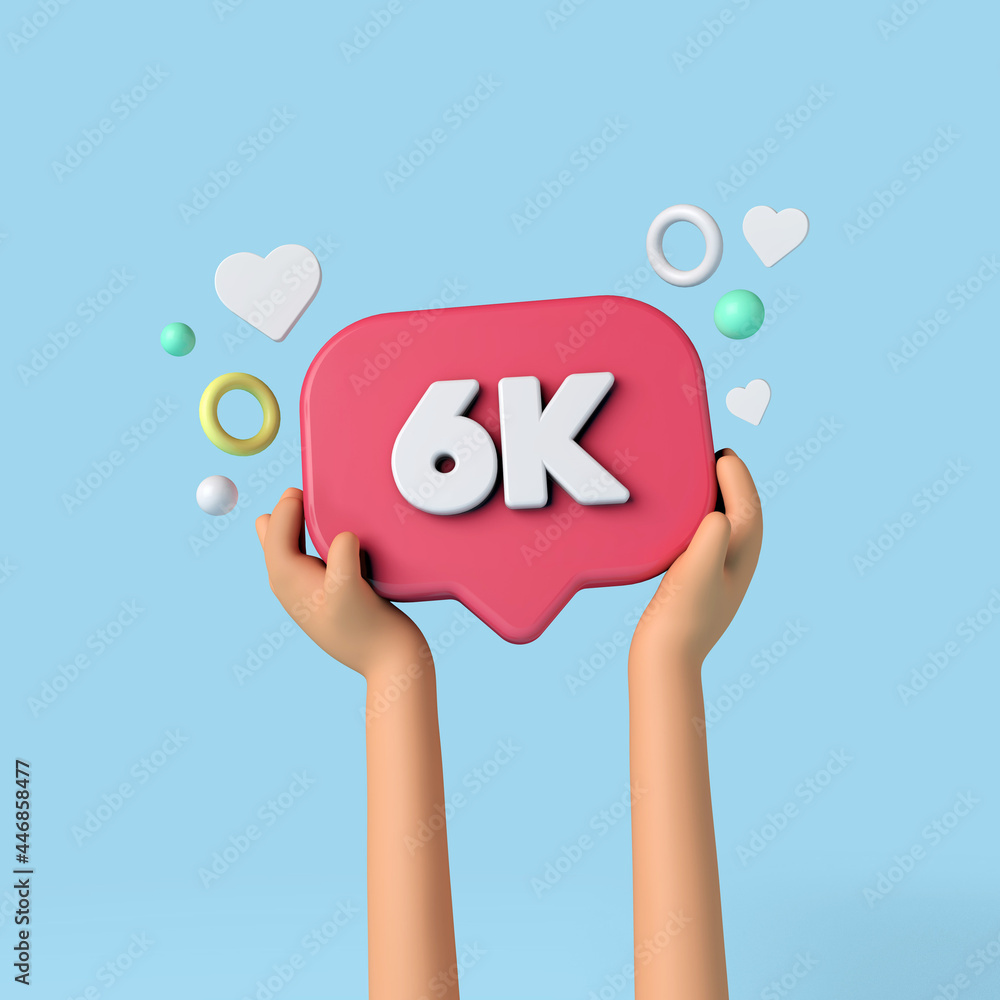 6k social media subscribers sign held by an influencer. 3D Rendering. - obrazy, fototapety, plakaty 