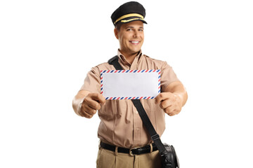 Wall Mural - Young mailman in a uniform showing a letter and smiling