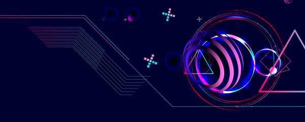 Dark retro futuristic art neon abstraction background cosmos new art 3d starry sky glowing galaxy and planets blue circles