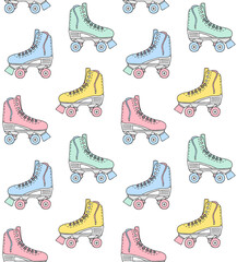 Poster - Vector seamless pattern of different color hand drawn doodle sketch quad roller skate isolated on white background