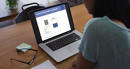 Poster - Woman working at desk, covid vaccination certificate with qr code and eu flag on laptop screen