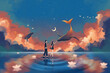 The adventure of lovers and whales.Beautiful Valentine's Day illustration