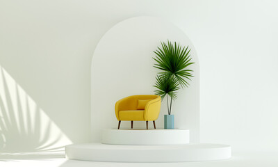 Wall Mural - Yellow sofa on podium, Cosmetic display stand with white wall background. 3D rendering