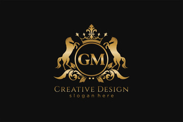 initial GM Retro golden crest with circle and two horses, badge template with scrolls and royal crown - perfect for luxurious branding projects