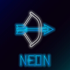 Sticker - Glowing neon line Bow and arrow in quiver icon isolated on black background. Colorful outline concept. Vector