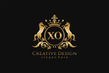 initial XO Retro golden crest with circle and two horses, badge template with scrolls and royal crown - perfect for luxurious branding projects