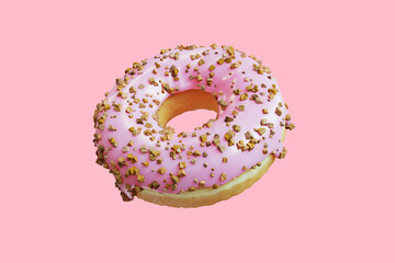 Wall Mural - Closeup Doughnut topping with almond Icing sweet isolated floating on pink background. Minimal Food Idea concept 3D Rendering.