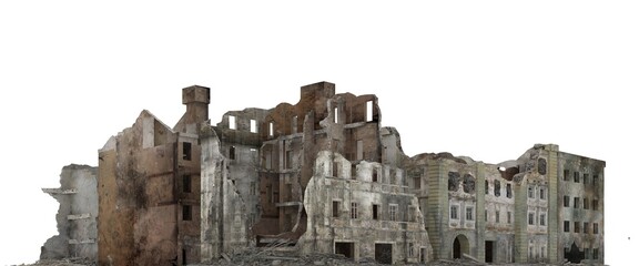 Ruined city building isolated on white 3d illustration